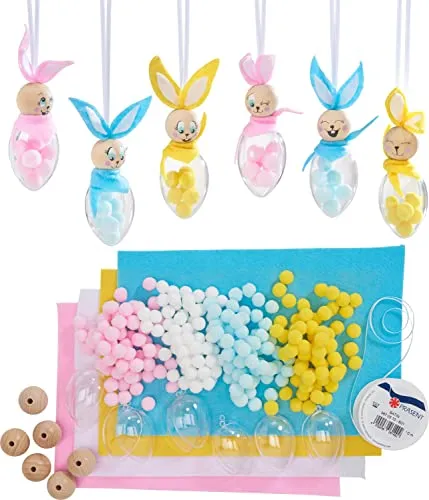 VBS Bastelset Acryleier Hasen aus Holzkugeln Filz Pompons 6 Stück 12-14cm Osterdeko Kreativ-Set