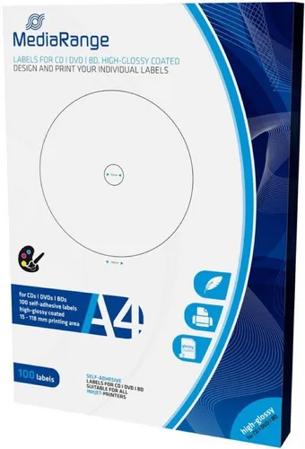 Mediarange Etikettenpapier 100 BD / CD / DVD Label high glossy glänzend 15 mm bis 118 mm