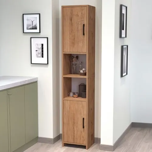 [en.casa] Hochschrank Rautrina – 2-türiger Badezimmerschrank mit 6 Fächern - Midi- & Hochschrank für Küche und Bad, bietet maximalen Stauraum und modernes Design in Eicheoptik – ideal für eine stilvolle und ordentliche Einrichtung!