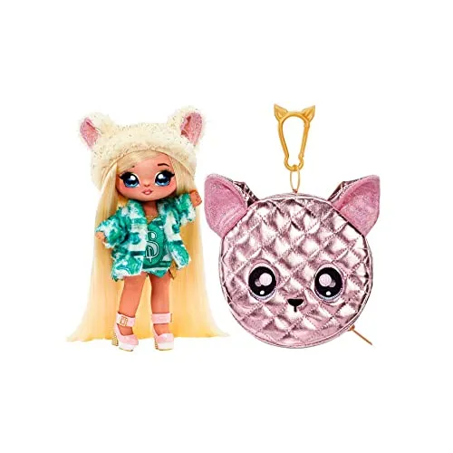 Na Na Na Surprise 2-in-1 Soft Modepuppe & Metallic Purse Glam Serie - Sammlerpuppe - Blonde Puppe mit grünem Kleid & Mütze mit Hundeohren und Chihuahua Tasche - Victoria Grand
