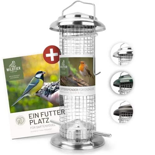 wildtier liebe Vogelfuttersäule Edelstahl 23,5cm, Silber - Erdnussfutterspender aus rostfreiem Edelstahl, Vogel Futterstation, Futtersäule, Nüsse Erdnüsse, Wildvögel Futtersilo
