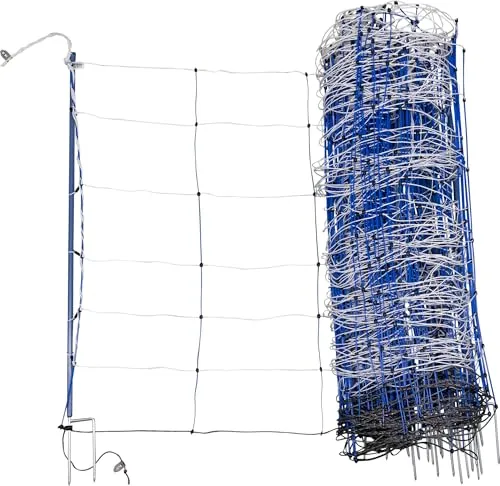 AKO Fencing TitanNet PremiumPlus, 50m blau/weiß, 90cm - Stabiler Zaun für unebenes Gelände: 14 robuste PREMIUM-Pfähle und vertikale Kunststoffstreben garantieren sicheren Halt. Hohe Leitfähigkeit durch Edelstahl- und Kupferleiter. Sichtbar und langlebig mit 3 Jahren UV-Garantie.