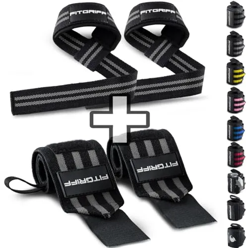 Fitgriff® Handgelenk Bandagen + Zughilfen (2er Set) - für Krafttraining, Fitness, Bodybuilding, Gewichtheben, Gym, Kraftsport - für Frauen und Männer (Black/Grey)