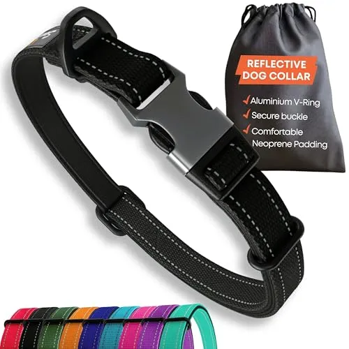 Sweetie Hundehalsband Gepolstert M – Reflektierendes Hundehalsband für Kleine Mittlere Große Hunde – Weiches Neopren & Alum-V-Ring – Halsband Hund Robust – Hunde Halsbänder Wetterfest – Schwarz