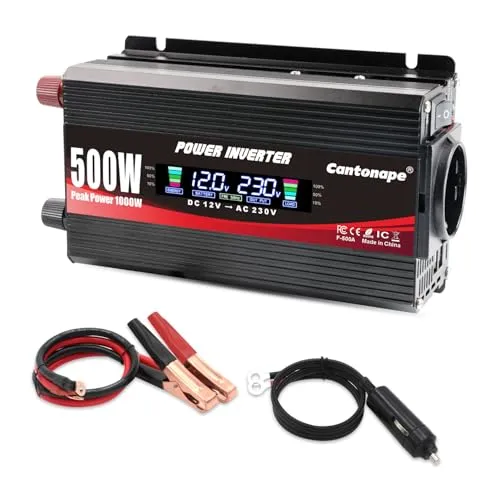 Cantonape 500W/1000W Wechselrichter, 12v 230v Spannungswandler, Stromwandler 12 auf 230 Inverter with LCD+2 USB+1EU