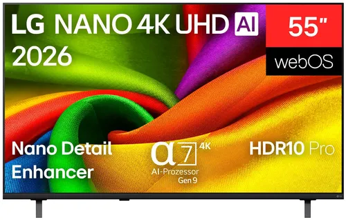 LG 55NU850B6LA DLED-Fernseher 55 Zoll 4K Ultra HD Smart-TV - Erlebe lebendige Farben und beeindruckende Details mit dem 4K Nano UHD Display. Der α7 Gen9 Prozessor optimiert Bild und Ton für ein hochwertiges Seherlebnis. Ideal für Filme und Gaming dank flüssiger Performance und smarten Funktionen.