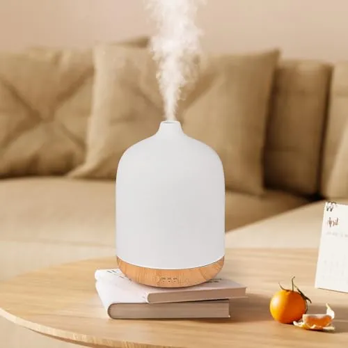 Dreamhigh® Aroma Diffuser Keramik 250ML, Weißer Ultraschall Aroma Diffuser Für ätherische Öle mit 7-farbigem LED-Licht, Luftbefeuchter Elektrisch Duftlampe, Timer, Abschaltautomatik
