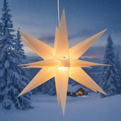 GURU SHOP 3D Außenstern Kaspar - Weihnachtsstern mit 18 Spitzen & LED - Wetterfester Faltstern (Ø 55 cm) für stilvolle Weihnachtsdekoration im Außenbereich. Einfacher Aufbau und inklusive Transformator sowie stromsparendem LED Leuchtmittel für stimmungsvolles Licht.