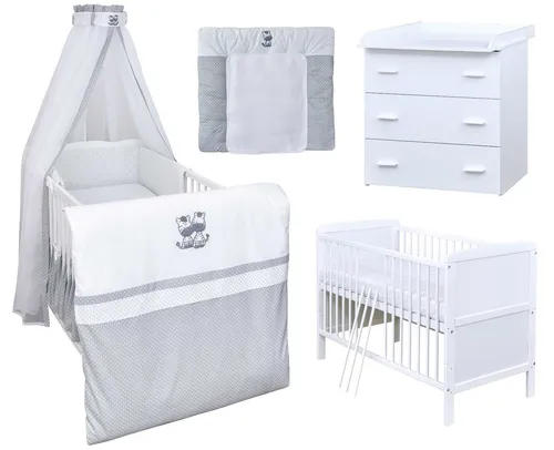 Baby-Delux Babyzimmer-Komplettset Babyzimmer 140x70 weiß Komplettset, (13-tlg), Babybett Wickelkommode Bettwäsche Set Komplettzimmer