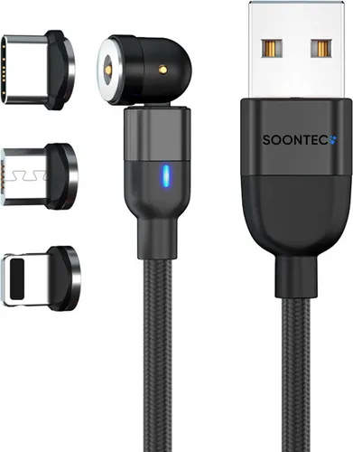 Magnet Ladekabel 0,5 Meter SOONTEC Magnetladekabel drehbar 360°&180° Micro USB/ USB-C/ Lightning 2.4 A Ladekabel magnetisch (Schwarz)