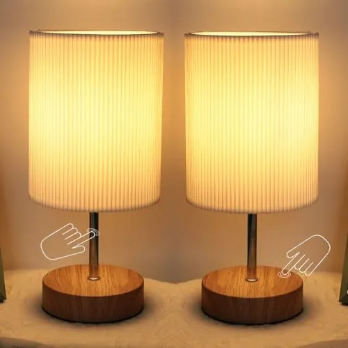 HSLighting Nachttischlampe, Tischlampe mit Kabel Touch Dimmbare Einstellbar mit 3D-Falten Stoffschirm Minimalistische Tischleuchte für Weihnachten Nachttisch (2, Holzmaserung, Zylinder)