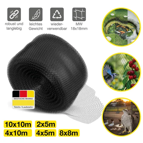 Teichnetz Vogelschutznetz Laubschutznetz Reihernetz MW 18x18mm robust schwarz 4x5m