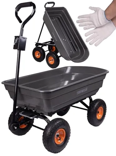 Sunwaal Gartenwagen, Transportanhänger, Handwagen mit Kippfunktion Biz zu 300kg, Volumen 75 L, Kippwagen, Pendelachse, aufblasbare Räder