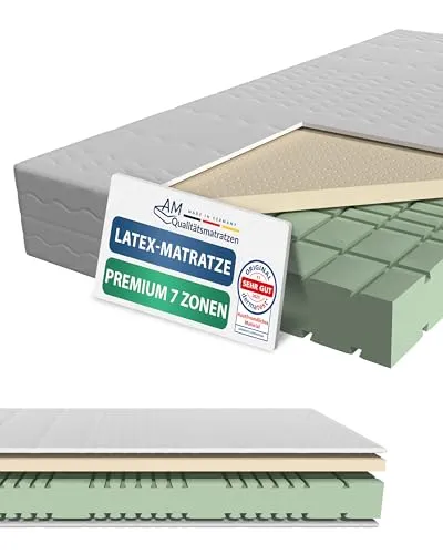 AM Qualitätsmatratzen 7 Zonen Latex Matratze 200x200 H3 - Made in Germany - Hochwertige 7-Zonen Latexmatratze, ideal für optimalen Schlafkomfort und Unterstützung, OEKO-TEX zertifiziert, 30 Nächte Probeschlafen möglich.