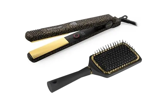 Corioliss C-Style | Haarglätter mit Titanplatten | Temperatur 165–220 °C | Ionen-Technologie | Glätten & Wellen | Mit Paddle-Bürste | Schnelles Aufheizen | Drehkabel | Leopard Gold