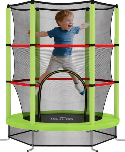 HOMCOM Kindertrampolin Ø 1,40 x 1,90 m (H) mit Sicherheitsnetz, Reißverschlusstür, 6 gepolsterten Stangen, max. Belastung 45 kg, grün