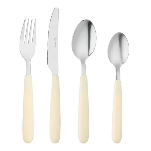 Grunwerg Bistro-Besteck, 24-teiliges Set, Edelstahl 18/0, abgerundeter Griff, weiß