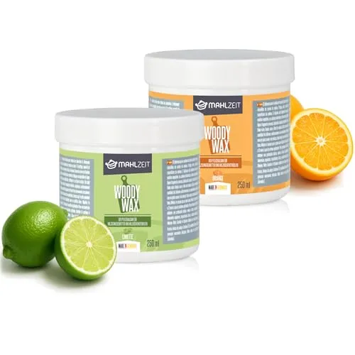 Mahlzeit Woody Wax Holzpflege Set aus Bienenwachs - 2x250 ml - Möbel & Holz-Politur | 100% natürliches Holzwachs für Schneidebretter und Küchenutensilien, reinigt, pflegt und schützt mit Limetten- und Orangenduft.