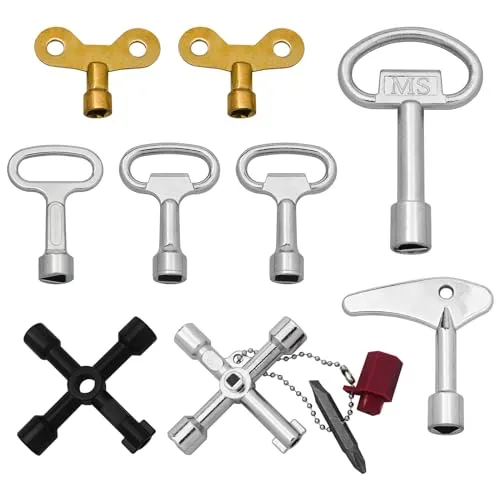 Meyola 9 Stück Universal-Wasserhahn Schlüssel - 4 Wege Service Kreuz Mit Dreieck, Dorn und Vierkant Steckschlüssel für Strom- und Wasserzähler