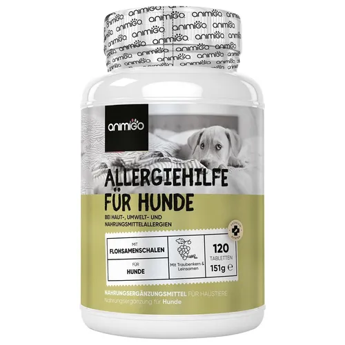 animigo Allergiehilfe für Hunde - 120 Tabletten gegen Allergien - Juckreizmittel für Hunde - Unterstützt bei Haut-, Umwelt- und Nahrungsmittelallergien mit wichtigen Inhaltsstoffen wie Flohsamenschalen und Leinsamen, köstlicher Hühnergeschmack.