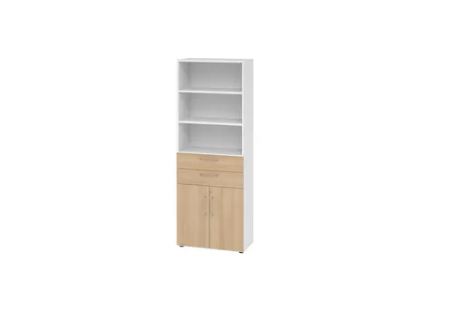 Hammerbacher Kombischrank 6 OH 968K2 - Büroschrank in Weiß/Eiche, 80cm breit, abschließbar mit 2 Schubkästen und höhenjustierbaren Sockelgleitern für optimale Anpassung.