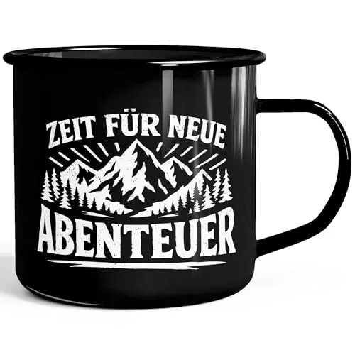 MoonWorks® Emaille-Tasse Spruch Zeit für neue Abenteuer Outdoor Wandern Camping Gadget Becher Geschenk Naturliebhaber Schwarz standard