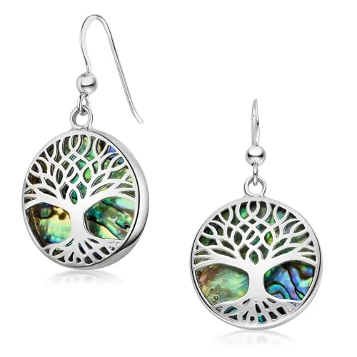 MATERIA Damen Ohrhänger Lebensbaum rund aus 925 Sterling Silber - Elegante Ohrringe mit Lebensbaum-Motiv, aus rhodiniertem 925 Sterling Silber und grünem Perlmutt, ideal als Geschenk in edler Schmuckbox.