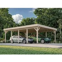 Doppelcarport Palmako Karl 40,6 m² - Robuster Flachdach-Carport aus naturbelassenem Holz, ideal für den Schutz von zwei Fahrzeugen und optimal für jeden Garten.