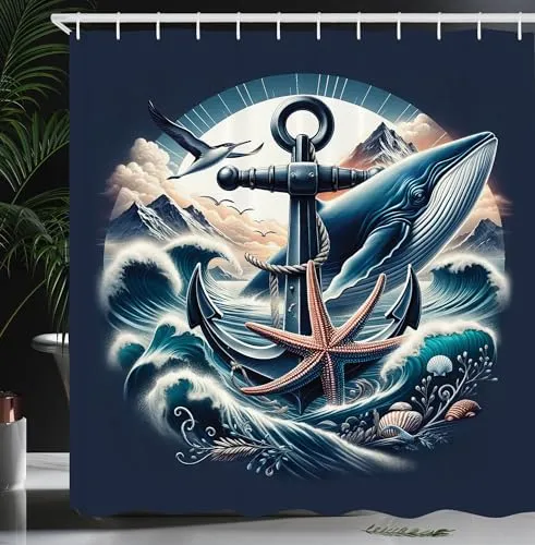 ABAKUHAUS Nautisch Duschvorhang, Marine Themen Druck von Anker Wal Wellen Muscheln Seestern und Möwe, Stoffliches Gewebe Badezimmerdekorationsset mit Haken, 175 x 200 cm, Indigo Dunkles Lachs