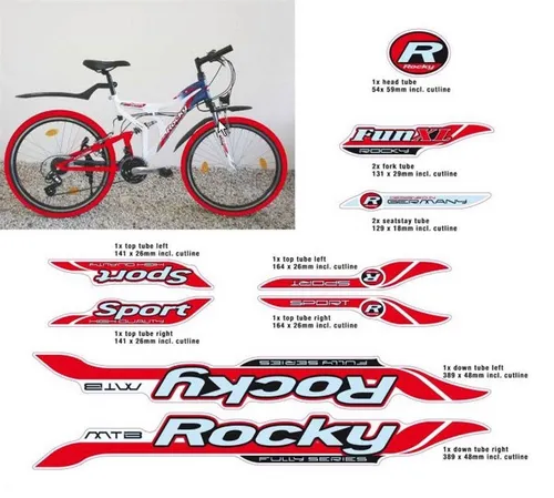 Non-Branded Fahrradrahmen Fahrrad DEKOR ROCKY MTB Rahmen Frame Decal Sticker weiß rot 11 teilig