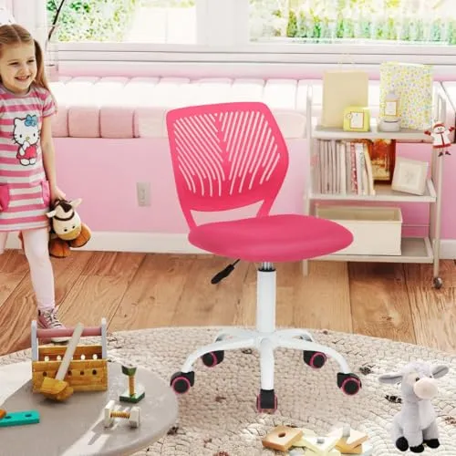 FurnitureR Kinder Schreibtischstuhl, Verstellbarer Höhendrehstuhl mit kleinem Loch Rückenlehne Design, geeignet für Kinderzimmer oder Arbeitszimmer, Rosa