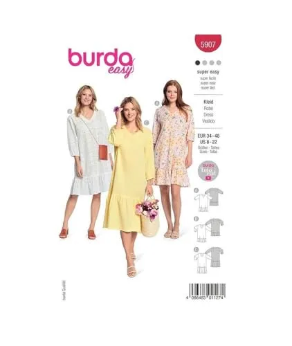 burdastyle Schnittmuster 5907 | Kleider mit V-Ausschnitt zum selber nähen | Damen, Gr. 34-48 | Nählevel: sehr leicht