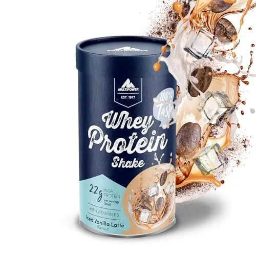 Multipower Whey Protein Shake Pulver 420g - Molkenproteine mit 22 g hochwertigem Eiweiß pro Portion, unterstützt die Regeneration nach dem Sport und überzeugt mit leckerem Iced Vanilla Latte Geschmack.