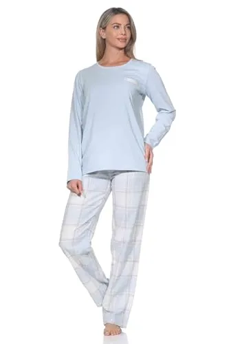 Normann Damen Schlafanzug lang Pyjama mit Karierter Flanell Schlafhose – hellblau, Größe 36-38 - Kuscheliger Flanell-Schlafanzug für kalte Nächte. Ideal als Nachtwäsche oder Homewear. Klassischer Stil mit weichem Jersey-Oberteil und eleganter Karo-Hose. Atmungsaktive Baumwolle für angenehmen Tragekomfort.