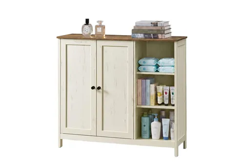 VASAGLE Badezimmerschrank mit 2 Türen und 3 offenen Fächern – 90 x 30 x 80 cm in Weiß und Tan