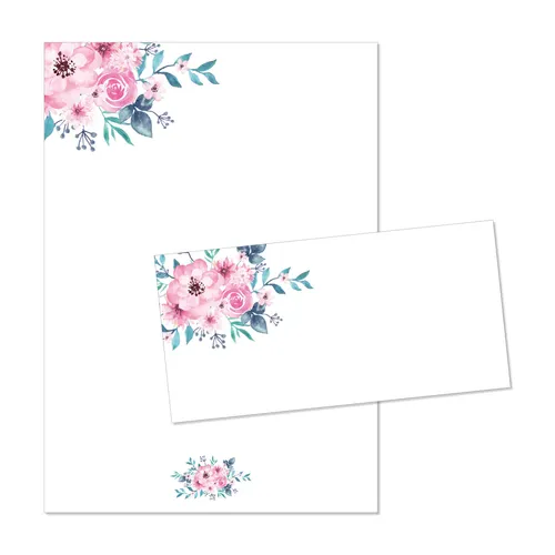 Briefpapier Set Aquarell-Blumen, Rose I DIN A4 Briefbögen mit Umschlag I dv_470