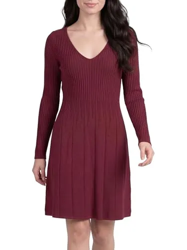 PEKIVESSA Kurzes RIPP-Strickkleid tailliert mit tiefem V-Ausschnitt Bordeaux One Size (36-40)