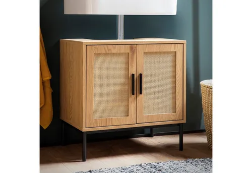 FineBuy Waschbeckenunterschrank Eiche-Optik 60x60x40 cm - Unterschrank fürs Bad mit stilvollem Rattangeflecht, ideal für die praktische und stilvolle Aufbewahrung von Badaccessoires.