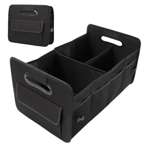 Auto Organizer Kofferraum, Kofferraumtasche mit Fächern, Autobox Kofferraum Faltbar mit Griff, Auto Aufbewahrung Organizer für Camping, Einkaufenf (Schwarz)