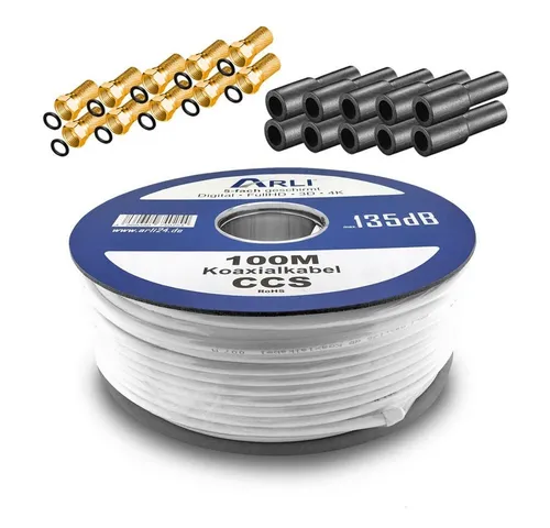 ARLI 100m Koaxialkabel 135dB HD mit 10 vergoldeten F-Steckern - HiFi-Kabel für digitale Übertragungen, ideal für 4K-Streaming, wetterfest und geschirmt für optimale Signalqualität.