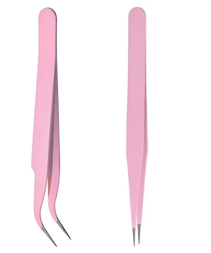 YPYMOD Pinzette 2er-Set, gerade und gebogene Pinzette, Nagelpinzette, Edelstahl-Augenbrauenpinzette für Gesichtshaare, Wimpern, Augenbrauen und eingewachsene Haare(Rosa, LxB 11,5cm*1cm)