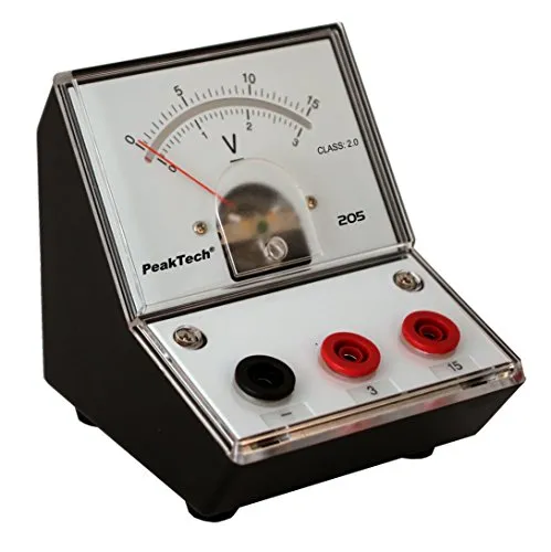 PEAKTECH 205-05 Voltmeter - Analog Tischgerät 0-3V/15V DC - Robustes Analogmessgerät für Schulen, kein Strombedarf nötig, ideal für Schülerversuche, mit Spiegelskala und 4 mm Sicherheitsbuchsen.