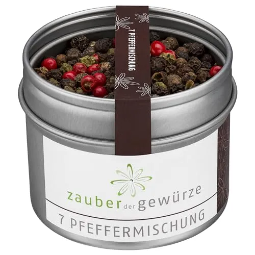 Zauber der Gewürze 7 Pfeffermischung bunt aus 7 aromatischen Pfeffersorten, ganze Pfefferkörner für die Pfeffermühle, Spitzenqualität in wiederverschließbarer Aroma-Dose, 45 g