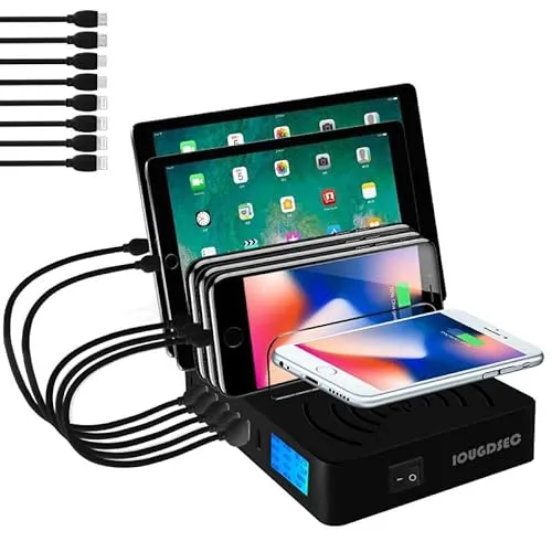 Ladestation mit Schalter, PD20W QC3.0 Schnellladegerät, 8 Ports mit 1 Induktionsladung, kabellos, Desktop-Ladegerät für Handy, Kompatibel mit iPhone, ipad, Samsung, 8 Kabel inklusive, Schwarz