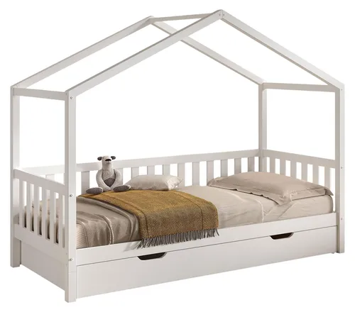 Hausbett Kapua 90x200 mit Bettschublade aus Kiefer Massivholz - Modernes Hausbett mit 90 x 200 cm Liegefläche, ideal als Bodenbett oder Tagesbett. Inklusive stabiler Bettschublade und Lattenrost, gefertigt aus langlebigem, weiß lackiertem Kiefernholz.