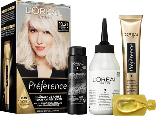 L'Oréal Paris Permanente Haarfarbe 10.21 Platin Perlmuttblond - Haarfärbeset für 100% Grauabdeckung, inkl. Pflegebalsam mit UV-Filter für bis zu 8 Wochen Farbglanz, ideal für strahlende, natürliche Farben.