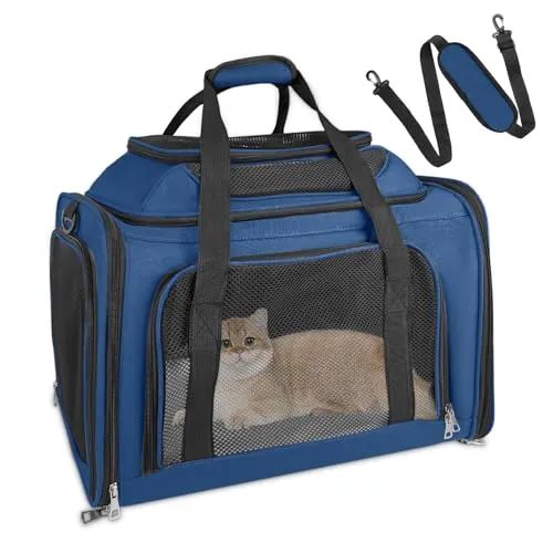 Lohofrnny Transporttasche für Katze Hund, Transportbox Katze bis zu 5 kg, Tragbar Faltbare hundetransportbox für Mittel Kleine Haustiere wie Kätzchen, Welpen, Kaninchen usw (Dunkelblau, 43x28x36cm)