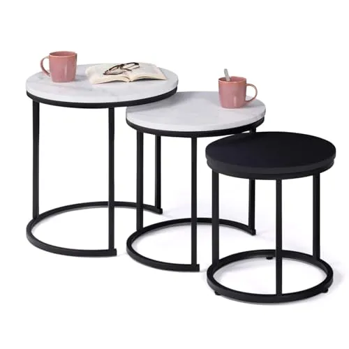 IDMarket - Set mit 3 Couchtischen, Alaska, rund, 35/40/45 cm, Marmor-Effekt und Schwarz, Metallfüße