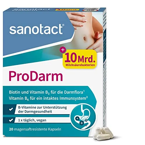 sanotact ProDarm (20 Kapseln) • 10 Mrd. Milchsäurekulturen + 3 Bakterienstämme zur Darmsanierung • Bakterienkulturen als Darmreinigungskur • Mit Vitamin B6, B2 + Biotin • Darmkur Probiotika