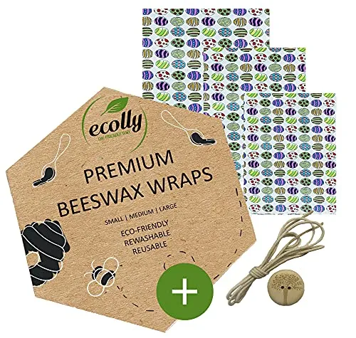 ecolly Bienenwachstücher 3er-Set (S, M, L), Bienenwachspapier, Beeswax Wrap, Plastikfrei & wiederverwendbar, OHNE Jojobaöl, inklusive Knopf & Baumwollfaden - Eggs